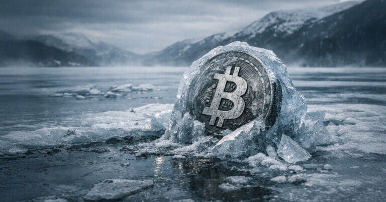 Bitcoin frozen in a block of ice on a wintry lake, symbolizing BTC losing $65K support on the path toward $60K as the crypto winter deepens