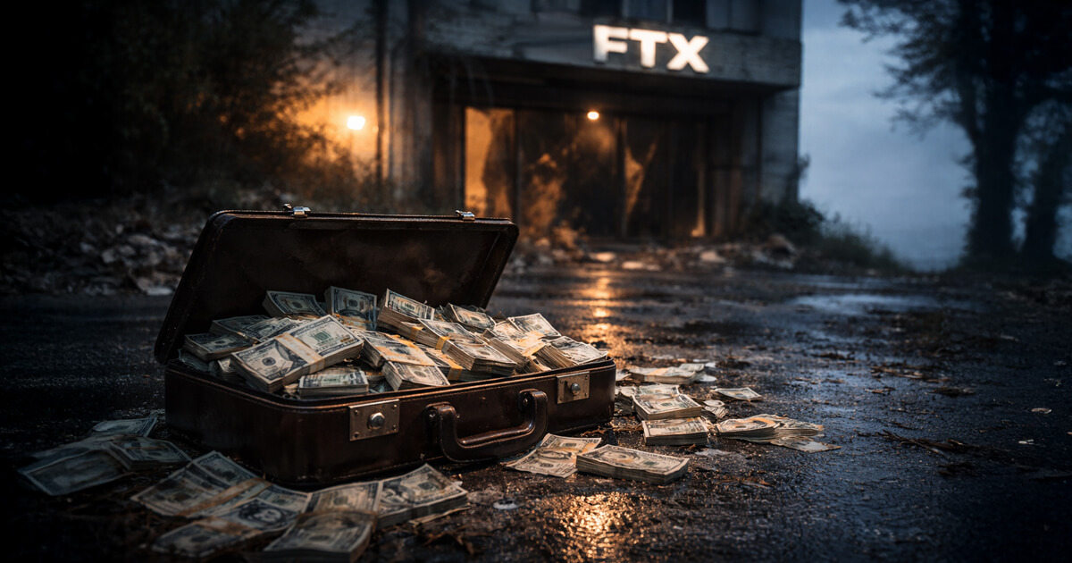 Open suitcase overflowing with cash on a rain-soaked street outside an FTX building, illustrating Sam Bankman-Fried’s claim of a $16.5 billion FTX surplus in 2022