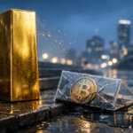 Gold bar standing on rain-soaked pavement beside a cracked glass case holding a Bitcoin coin, illustrating gold highs as Bitcoin ETFs see heavy outflows
