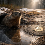 A groundhog emerging beside a Bitcoin coin on a muddy winter path, symbolizing repeated market signals and extended macro headwinds as crypto flows remain deeply negative