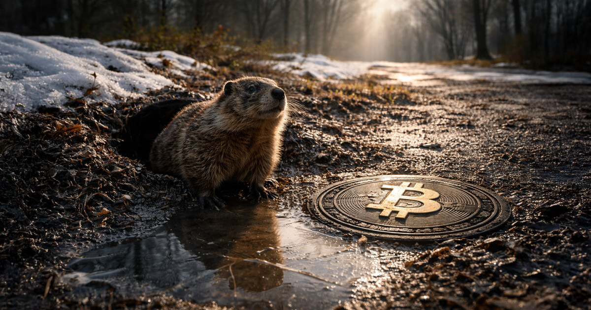 A groundhog emerging beside a Bitcoin coin on a muddy winter path, symbolizing repeated market signals and extended macro headwinds as crypto flows remain deeply negative