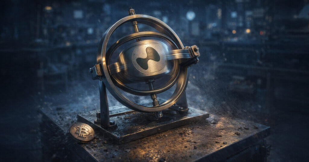 Spinning industrial gyroscope stamped with the Hyperliquid HYPE logo beside a Bitcoin coin, symbolizing HYPE thriving on volatility that hit Bitcoin and XRP while an upcoming token unlock could shift sentiment.