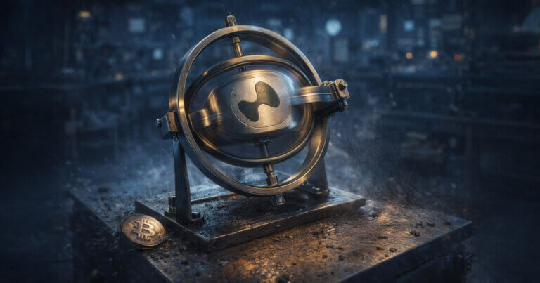Spinning industrial gyroscope stamped with the Hyperliquid HYPE logo beside a Bitcoin coin, symbolizing HYPE thriving on volatility that hit Bitcoin and XRP while an upcoming token unlock could shift sentiment.