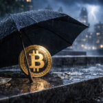 Bitcoin coin sheltered under an umbrella in a stormy city scene, symbolizing record IBIT options activity during a market crash and Wall Street’s growing crypto exposure