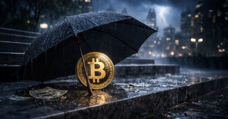 Bitcoin coin sheltered under an umbrella in a stormy city scene, symbolizing record IBIT options activity during a market crash and Wall Street’s growing crypto exposure