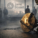 Bitcoin coin chained to a post in front of a blurred Jane Street logo, symbolizing allegations of potential Bitcoin price suppression linked to the trading firm