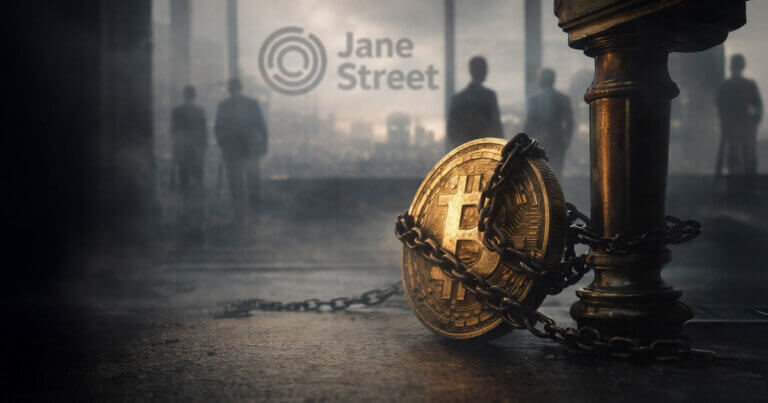 Bitcoin coin chained to a post in front of a blurred Jane Street logo, symbolizing allegations of potential Bitcoin price suppression linked to the trading firm