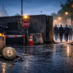 Bitcoin coin on a rain-soaked street near Capitol barricades as lawmakers walk past a stop sign, reflecting Congress debate over Bitcoin bailout loopholes