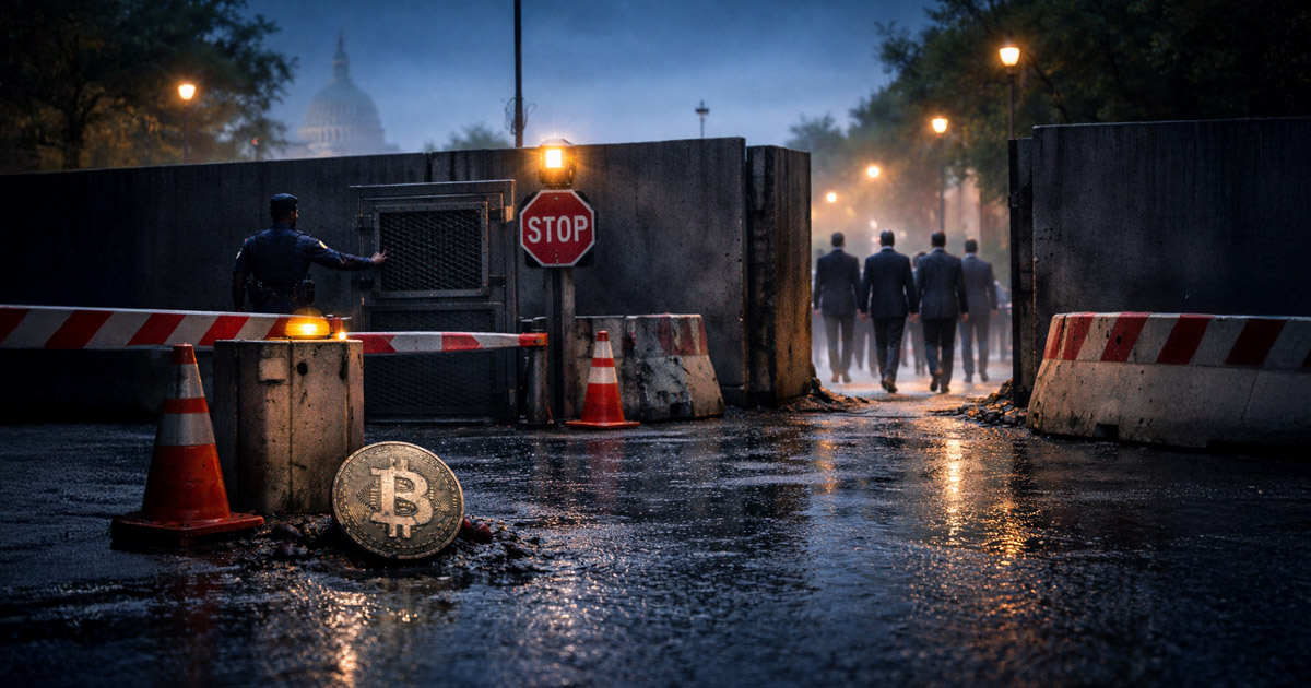 Bitcoin coin on a rain-soaked street near Capitol barricades as lawmakers walk past a stop sign, reflecting Congress debate over Bitcoin bailout loopholes