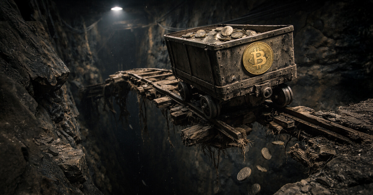 Bitcoin mining cart piled with coins teeters on broken tracks over a deep shaft as coins fall, symbolizing miner reserves plunging and a failing safety net.