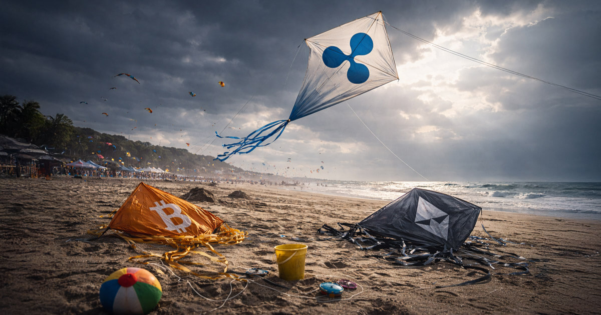 XRP kite flying high over a beach while Bitcoin and Ethereum kites lie grounded in the sand, symbolizing XRP rising as institutions shift billions into Ripple during a Bitcoin downturn.