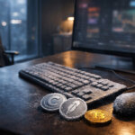 Frost-covered trading desk with Bitcoin coin and dim market screens, symbolizing crypto winter impacting broker earnings rather than on-chain activity