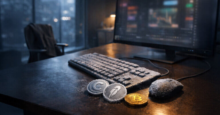 Frost-covered trading desk with Bitcoin coin and dim market screens, symbolizing crypto winter impacting broker earnings rather than on-chain activity