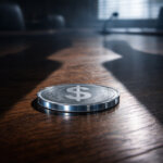 Silver digital dollar coin on a boardroom table under dramatic light, symbolizing the CLARITY Act debate over who compensates Americans for holding digital dollars