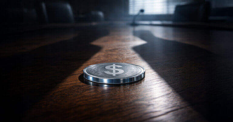 Silver digital dollar coin on a boardroom table under dramatic light, symbolizing the CLARITY Act debate over who compensates Americans for holding digital dollars