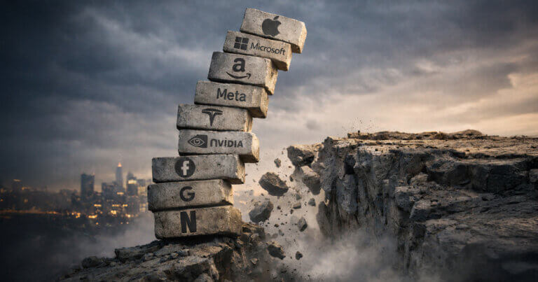 Leaning stack of major tech stock blocks on a crumbling cliff edge, symbolizing S&P 500 concentration risk where one earnings miss could trigger index crash mechanics