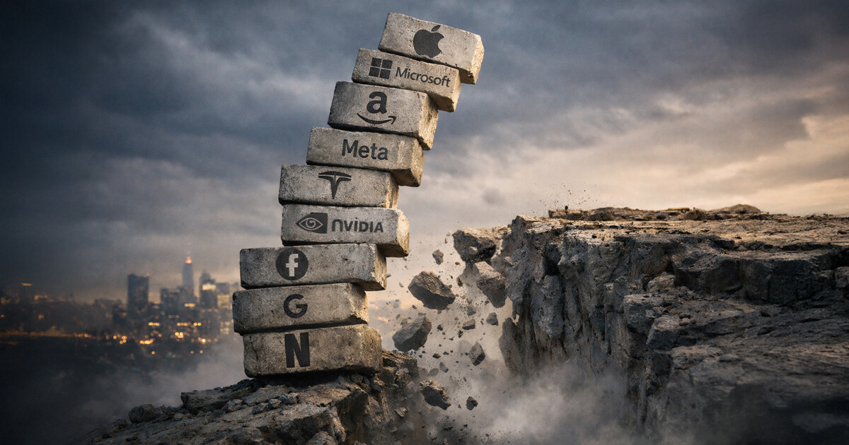 Leaning stack of major tech stock blocks on a crumbling cliff edge, symbolizing S&P 500 concentration risk where one earnings miss could trigger index crash mechanics