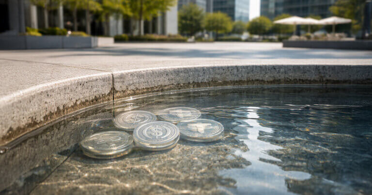 Stablecoin tokens resting at the bottom of a shallow reflecting pool in a city plaza, symbolizing a 2% dip in crypto’s liquidity measure similar to M2 money supply