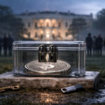 Locked clear case holding a stablecoin coin on wet ground with the White House in the background, symbolizing White House talks over stablecoin yield, Treasury returns, and who controls passing them on.