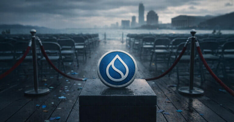 Sui token displayed on a pedestal before rows of empty chairs and a roped-off event space, reflecting weak turnout and collapsing volume after the Sui ETF launch