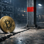 Bitcoin coin teetering beside a cracked concrete floor in a mining facility, symbolizing a bounce after slicing $63,000 while the $67,000 mining cost line signals hidden risk.
