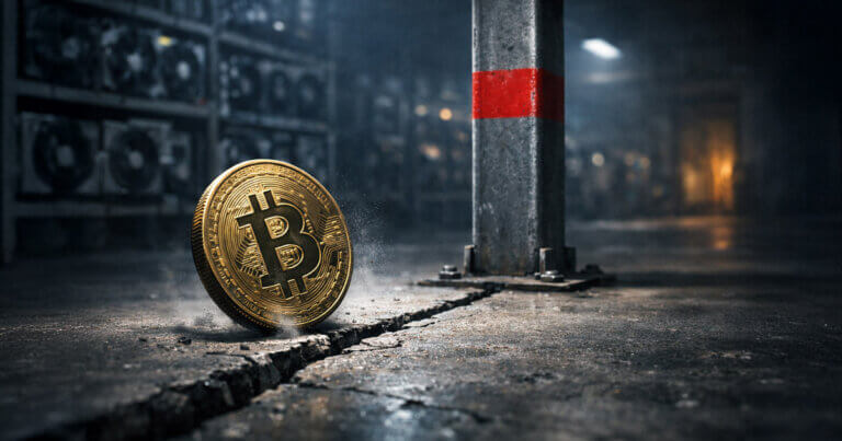 Bitcoin coin teetering beside a cracked concrete floor in a mining facility, symbolizing a bounce after slicing $63,000 while the $67,000 mining cost line signals hidden risk.