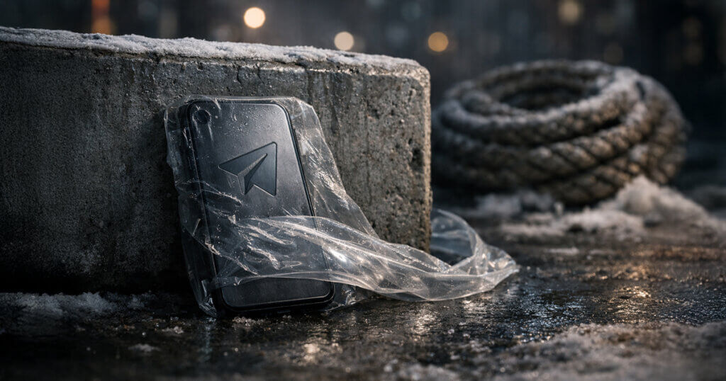 Smartphone with Telegram icon wrapped in plastic on a cold pavement, symbolizing users turning to VPNs over decentralized messaging apps and the limits of decentralization adoption