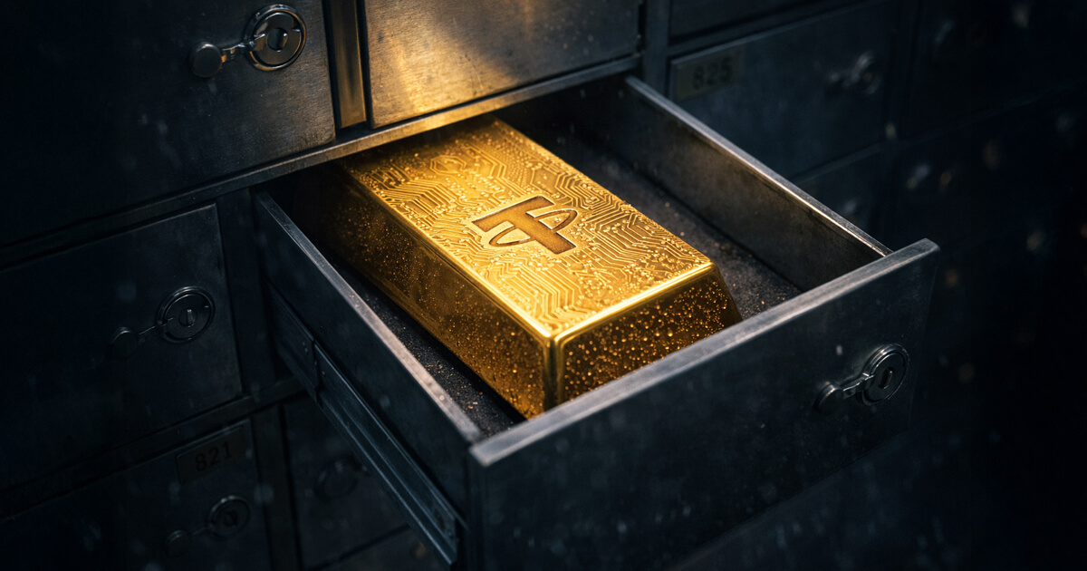 Gold bar engraved with a crypto symbol stored in a vault drawer, representing Tether’s $150M Gold.com deal to bring tokenized gold into the mainstream as a hedge