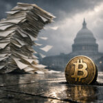 Stack of government paperwork towering near the U.S. Capitol with a Bitcoin coin in the foreground, illustrating rising national debt and the case for BTC as a hedge