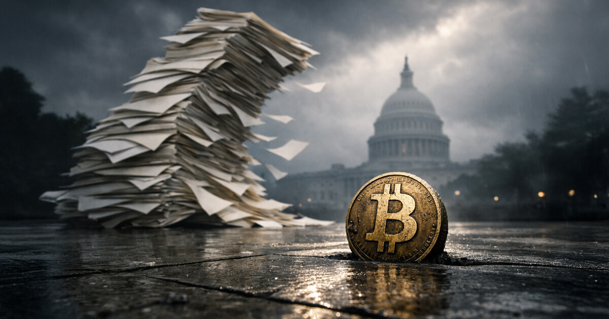 Stack of government paperwork towering near the U.S. Capitol with a Bitcoin coin in the foreground, illustrating rising national debt and the case for BTC as a hedge
