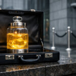 Glass jar of glowing liquid locked inside a briefcase in a financial district, symbolizing Wall Street packaging DeFi-powered yield in traditional investment wrappers with gated access