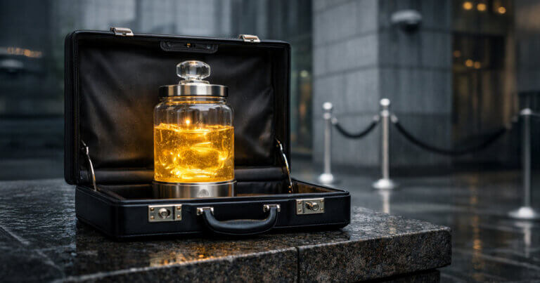 Glass jar of glowing liquid locked inside a briefcase in a financial district, symbolizing Wall Street packaging DeFi-powered yield in traditional investment wrappers with gated access
