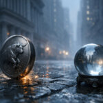 Bull coin striking wet pavement beside a crystal ball on Wall Street, symbolizing the return of all-or-nothing options and rising prediction market-style trading