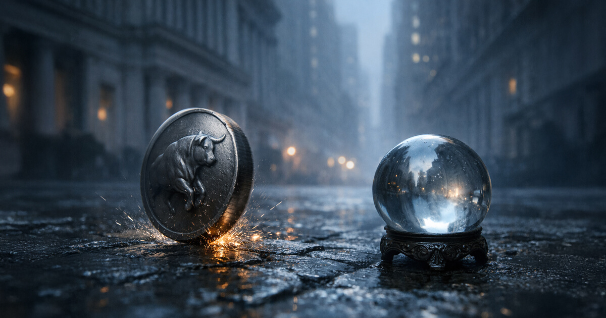 Bull coin striking wet pavement beside a crystal ball on Wall Street, symbolizing the return of all-or-nothing options and rising prediction market-style trading