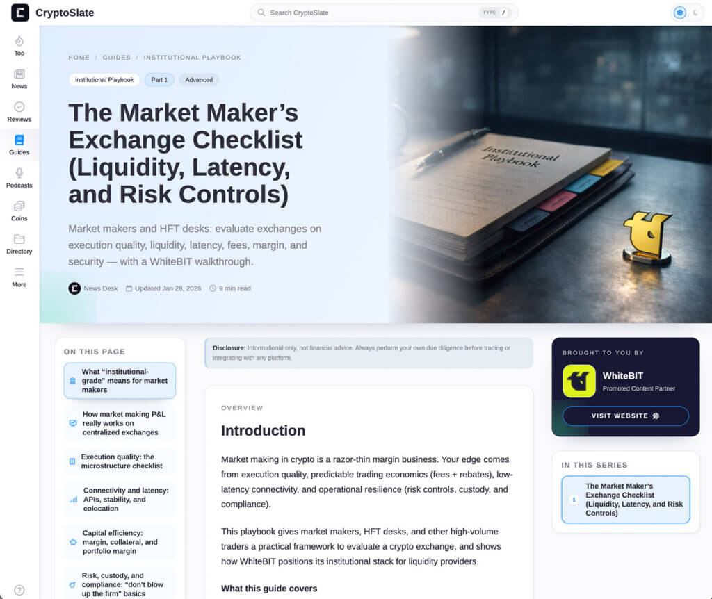 CryptoSlate guide page titled “The Market Maker’s Exchange Checklist (Liquidity, Latency, and Risk Controls)” from the Institutional Playbook series, with a hero image of a notebook and a right-side panel showing “Brought to you by WhiteBIT.”