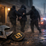 Wrench and crypto coin on wet street as police detain suspect in background, illustrating spike in France crypto-related wrench attacks and leak concerns over target exposure