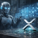 AI robot analyzing an XRP logo on a digital platform, illustrating XRPL’s potential to capture billions in machine payments if AI agents adopt RLUSD