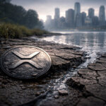 XRP token resting on cracked, drying ground beside a city waterfront, symbolizing collapsing ETF inflows and price capitulation as markets weigh a reset or repair phase