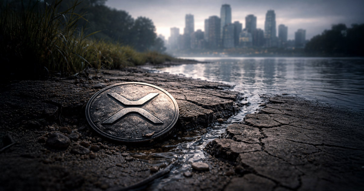 XRP token resting on cracked, drying ground beside a city waterfront, symbolizing collapsing ETF inflows and price capitulation as markets weigh a reset or repair phase