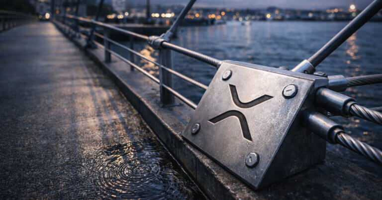 XRP logo plate bolted to bridge cables at dusk, symbolizing XRP network health across wallets, trustlines, DEX volume, and uptime performance