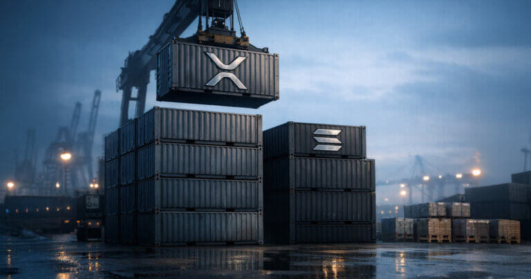 Crane stacking shipping containers marked with XRP and Solana symbols at a port, representing XRP Ledger overtaking Solana in RWA tokenization value as holder counts grow