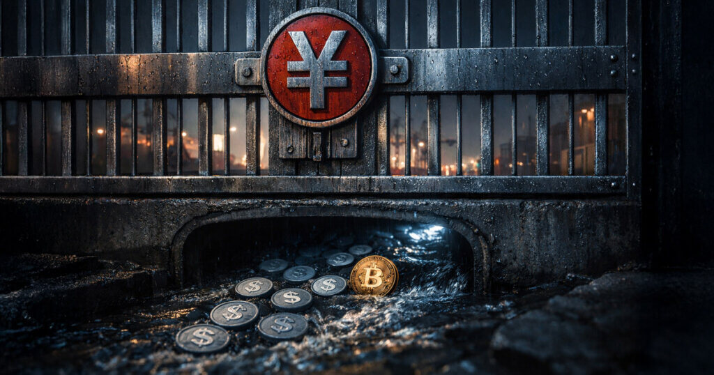 Bitcoin and dollar stablecoins flowing beneath a yuan symbol gate, illustrating China’s push for renminbi dominance as dollar stablecoins grow into a major cross-border payment tool