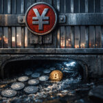 Bitcoin and dollar stablecoins flowing beneath a yuan symbol gate, illustrating China’s push for renminbi dominance as dollar stablecoins grow into a major cross-border payment tool