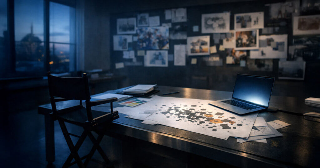 Modern workspace with laptop and creative design boards, illustrating AI creating new jobs for developers and expanding opportunities across creative industries