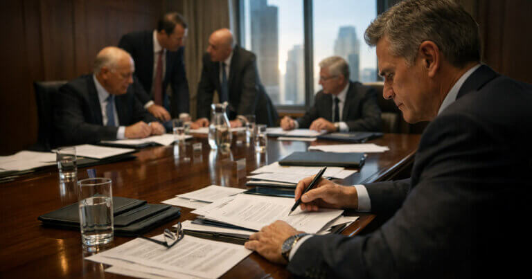 Senior bank executives reviewing documents in a Washington boardroom, symbolizing policy discussions around a $175B regulatory break for big banks and weakened financial crisis safeguards