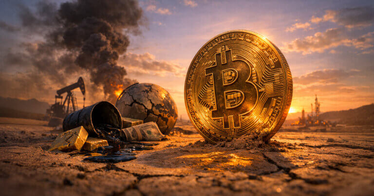 Bitcoin coin standing in a cracked desert landscape with oil pumps, smoke, and a damaged globe in the background, symbolizing geopolitical tension after Iran strikes and Bitcoin’s surge past $72k despite looming market resistance