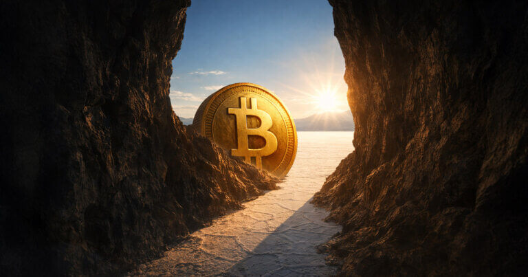 Bitcoin emerging from a dark cave into bright sunrise, symbolizing a BTC rally breaking out of negative momentum and shifting toward renewed bullish strength