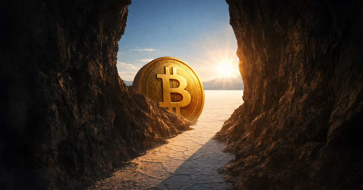 Bitcoin emerging from a dark cave into bright sunrise, symbolizing a BTC rally breaking out of negative momentum and shifting toward renewed bullish strength