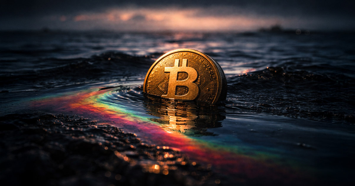 Bitcoin coin half-submerged in dark water with an oil slick sheen, symbolizing crude oil as the new macro signal influencing Bitcoin price trends