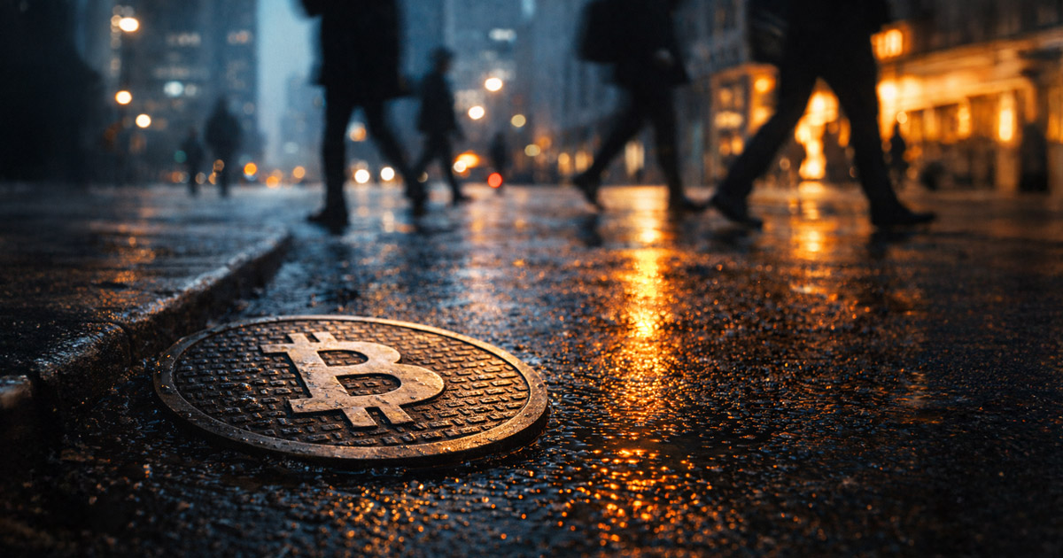 Bitcoin symbol on a rain-soaked city street as the price falls below $70,000 despite record low jobless claims